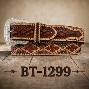 Ranger Belt Co BT1299 Western 2 Tone Leather Belt Diamond Clover Tooled Size 44